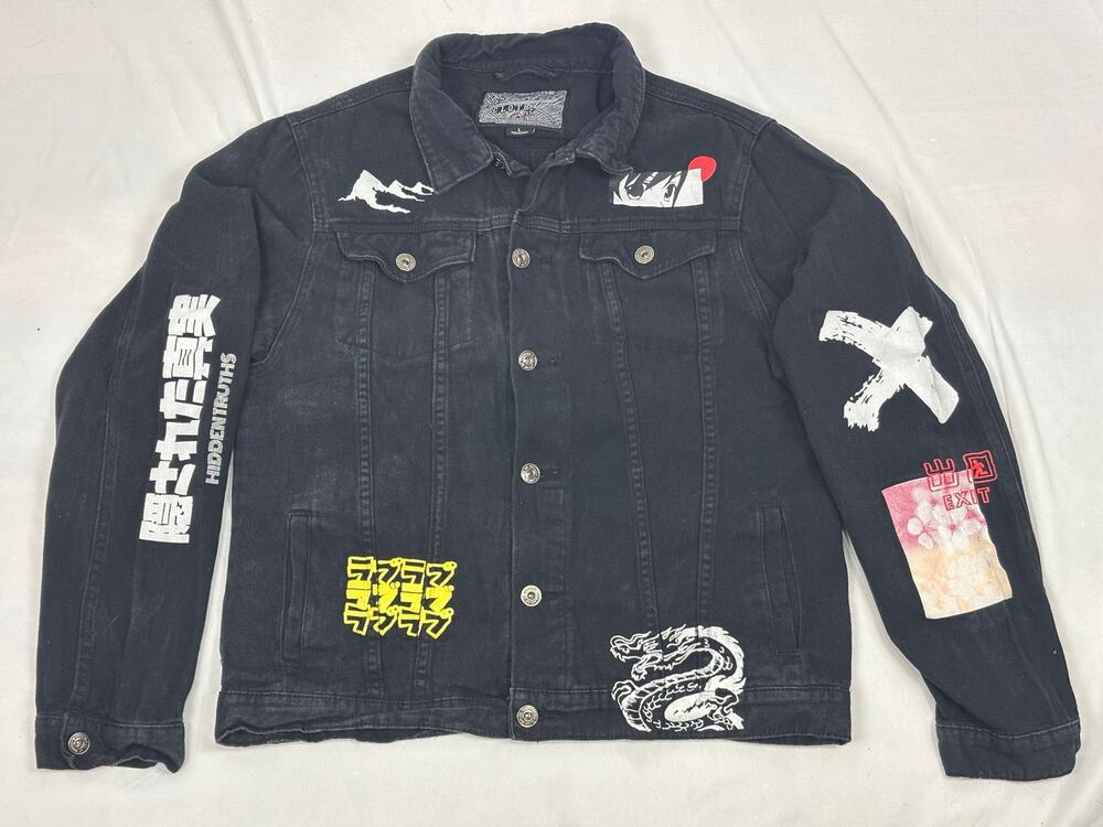 Brooklyn Cloth Black Denim Trucker Jacket Anime Streetwear Graphic Goth Grunge L